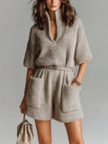 Chic Casual Light Brown Stand Collar V-Neck Short Sleeve Belted Patch Pockets Oversize Fuzzy Knit Romper