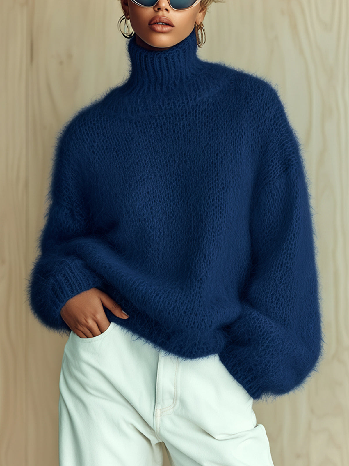 Chic Vintage Baby Blue Turtleneck Textured Knit Fuzzy Slouchy Sweater