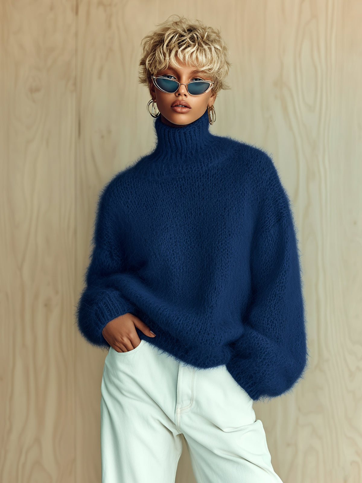 Chic Vintage Baby Blue Turtleneck Textured Knit Fuzzy Slouchy Sweater