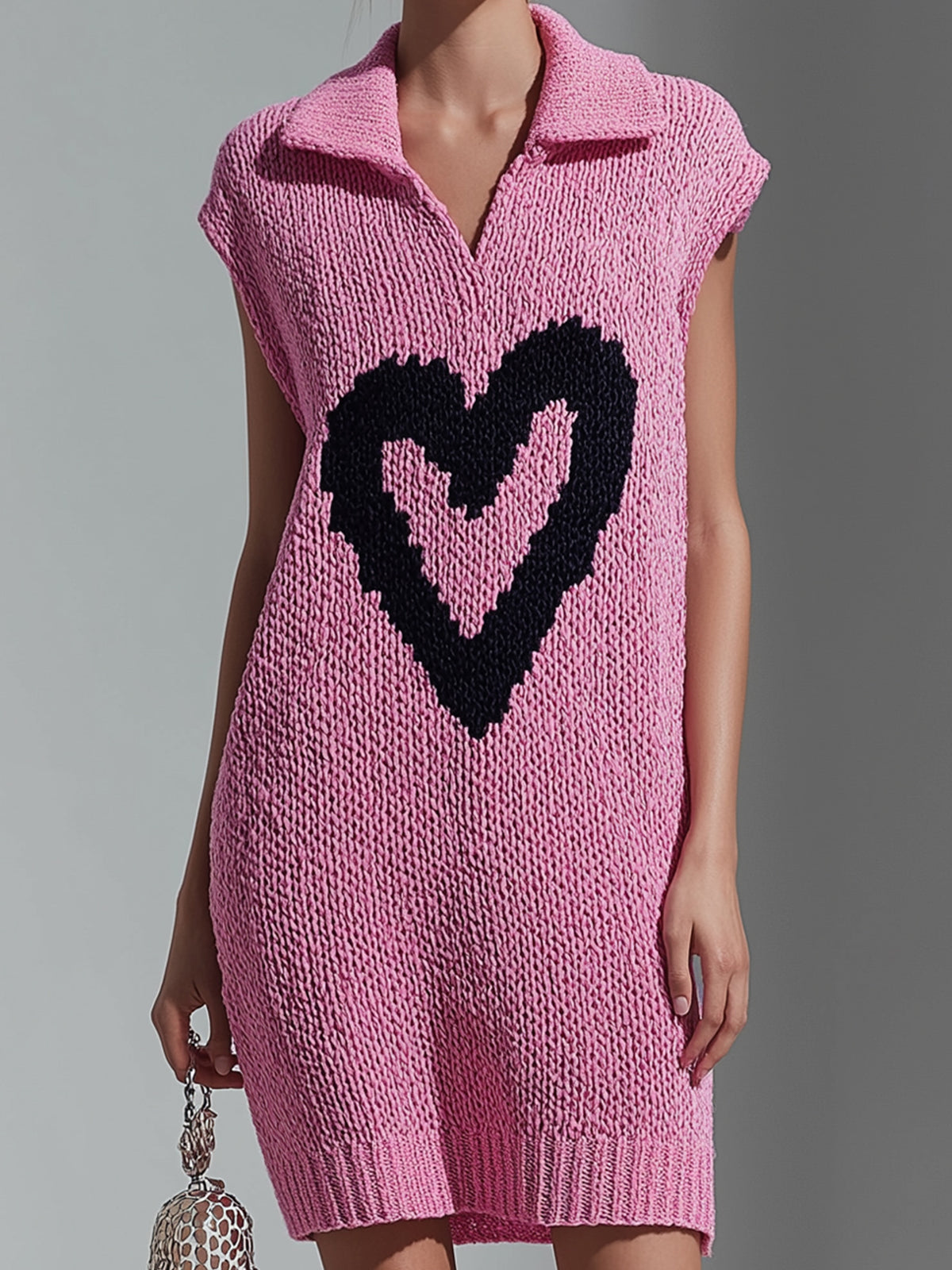 Chic Casual Pink Lapel V-Neck Heart Jacquard Sleeveless Loose-Fit Knit Mini Dress