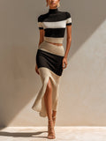 Chic Elegant: Black-Camel Colorblock Mock-Neck Short-Sleeve Slim-Fit Cropped Top Slit-Detail Bodycon Midi Skirt Knit Two-Piece Set