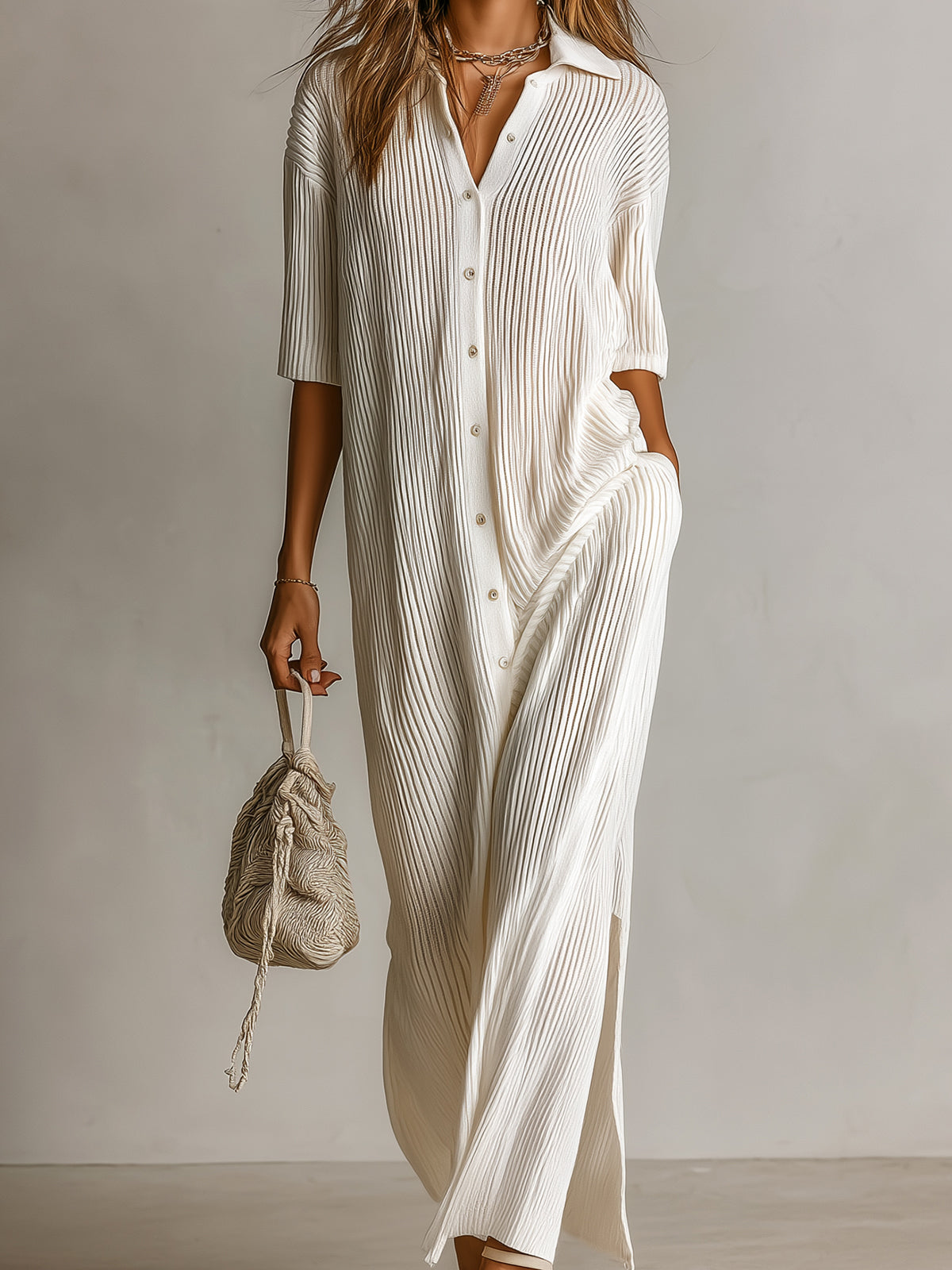 Chic Elegant Cream White Lapel Collar Single-Breasted Short-Sleeve Loose-Fit Side-Slit Ribbed Knit Maxi Dress