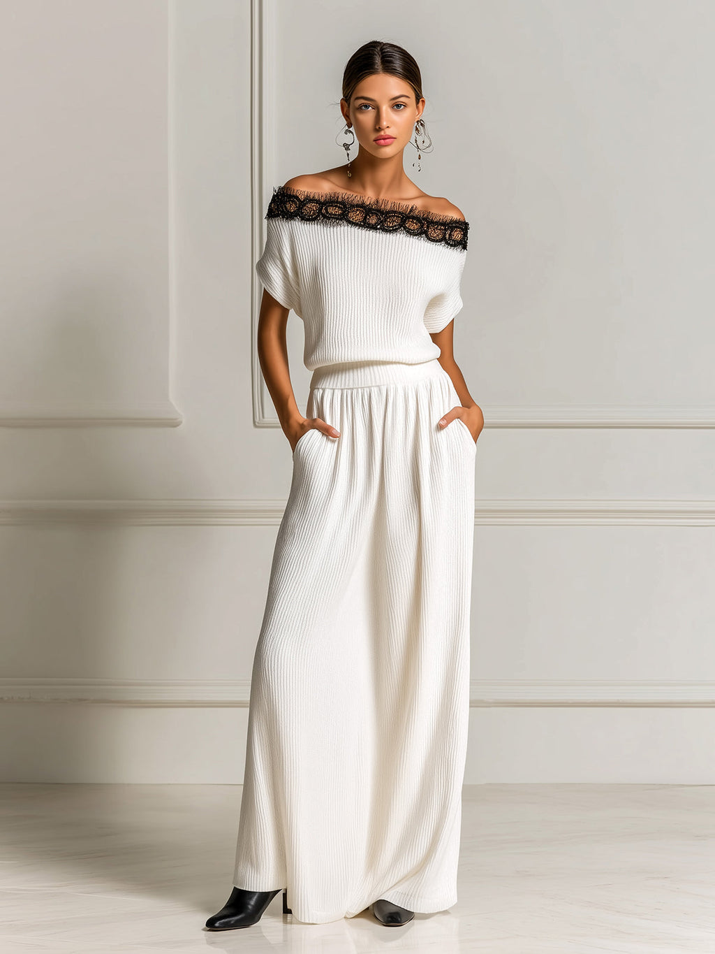Chic Elegant White Off The Shoulder Contrast Lace Details Loose-Fit Top And Elastic Waist Maxi Skirt Ribbed Knit Two-Piece Set