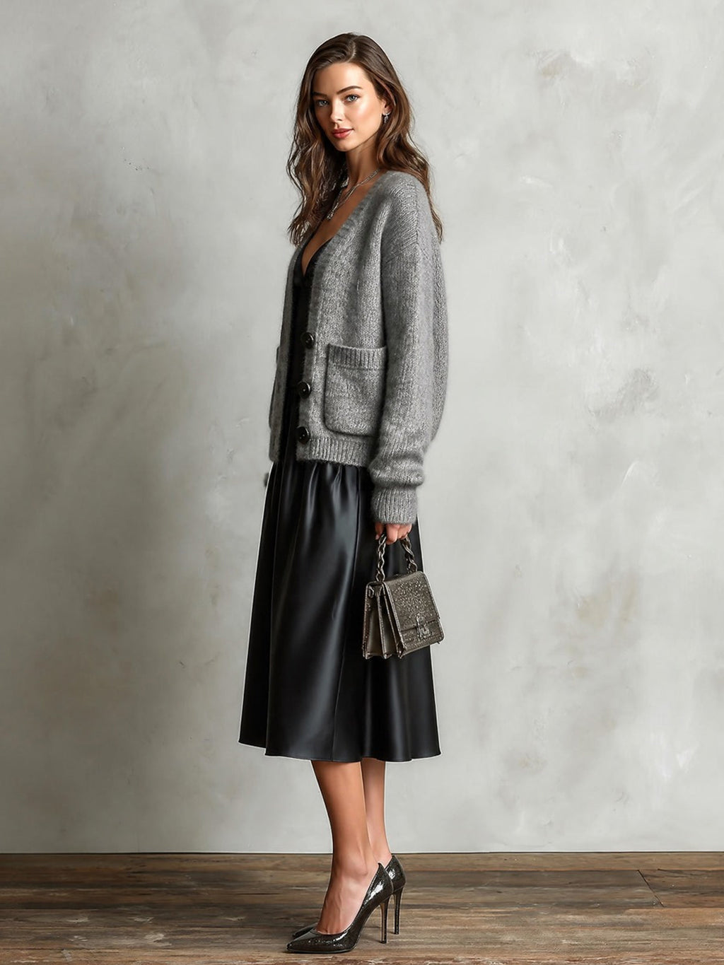 Chic Elegant Black Spaghetti-Strap V-Neck A-Line Satin Midi Dress Gray Single-Breasted Patch Pockets Wool Blend Knit Cardigan Two-Piece Set