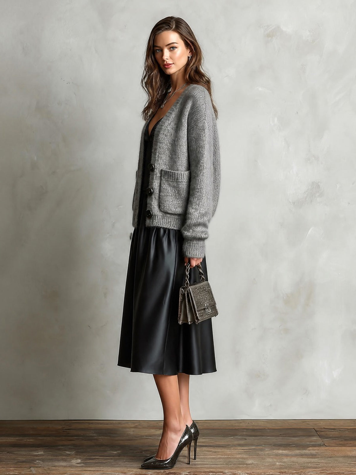 Chic Elegant Black Spaghetti-Strap V-Neck A-Line Satin Midi Dress Gray Single-Breasted Patch Pockets Wool Blend Knit Cardigan Two-Piece Set
