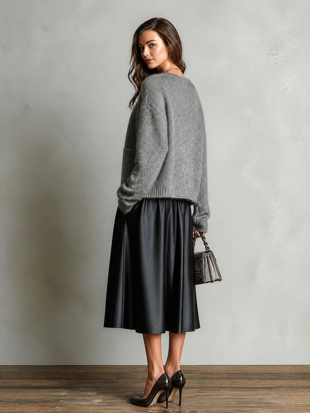 Chic Elegant Black Spaghetti-Strap V-Neck A-Line Satin Midi Dress Gray Single-Breasted Patch Pockets Wool Blend Knit Cardigan Two-Piece Set