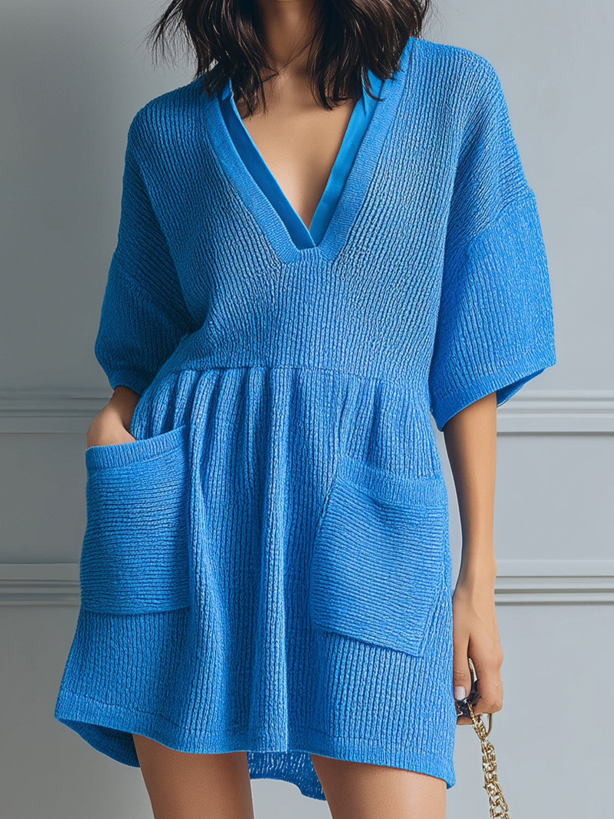 Chic Elegant Royal Blue V-Neck Short-Sleeve Oversized Patch Pockets Ribbed Knit Mini Dress
