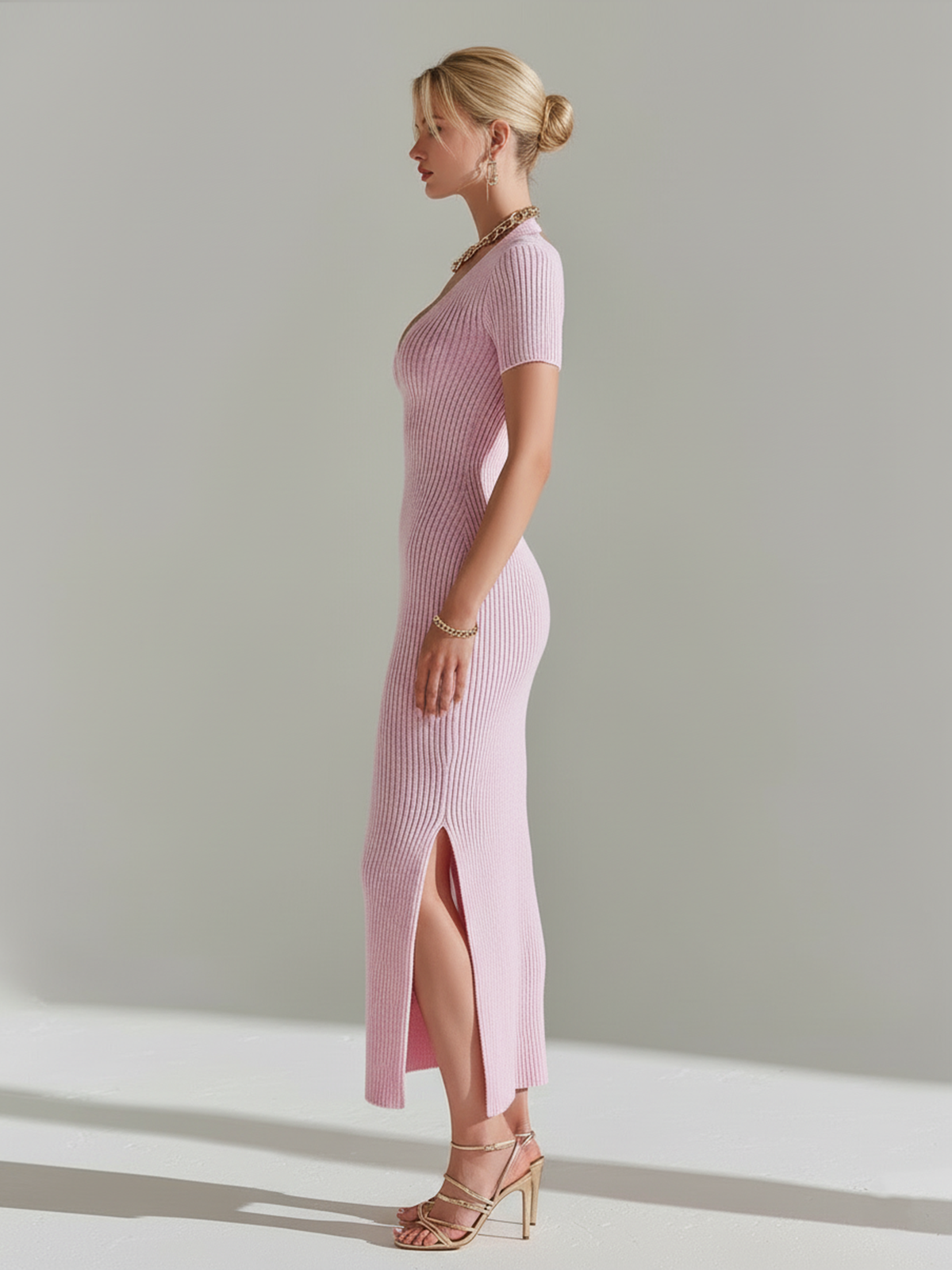 Chic Elegant Pink Heart-Shaped Neck Short-Sleeve Side Slit Slim-Fit Knit Maxi Dress