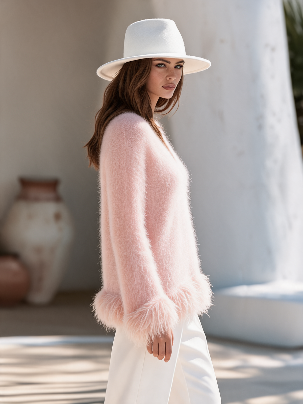 Stylish V-neck Faux-fur Hem Pink Fuzzy Pullover Sweater
