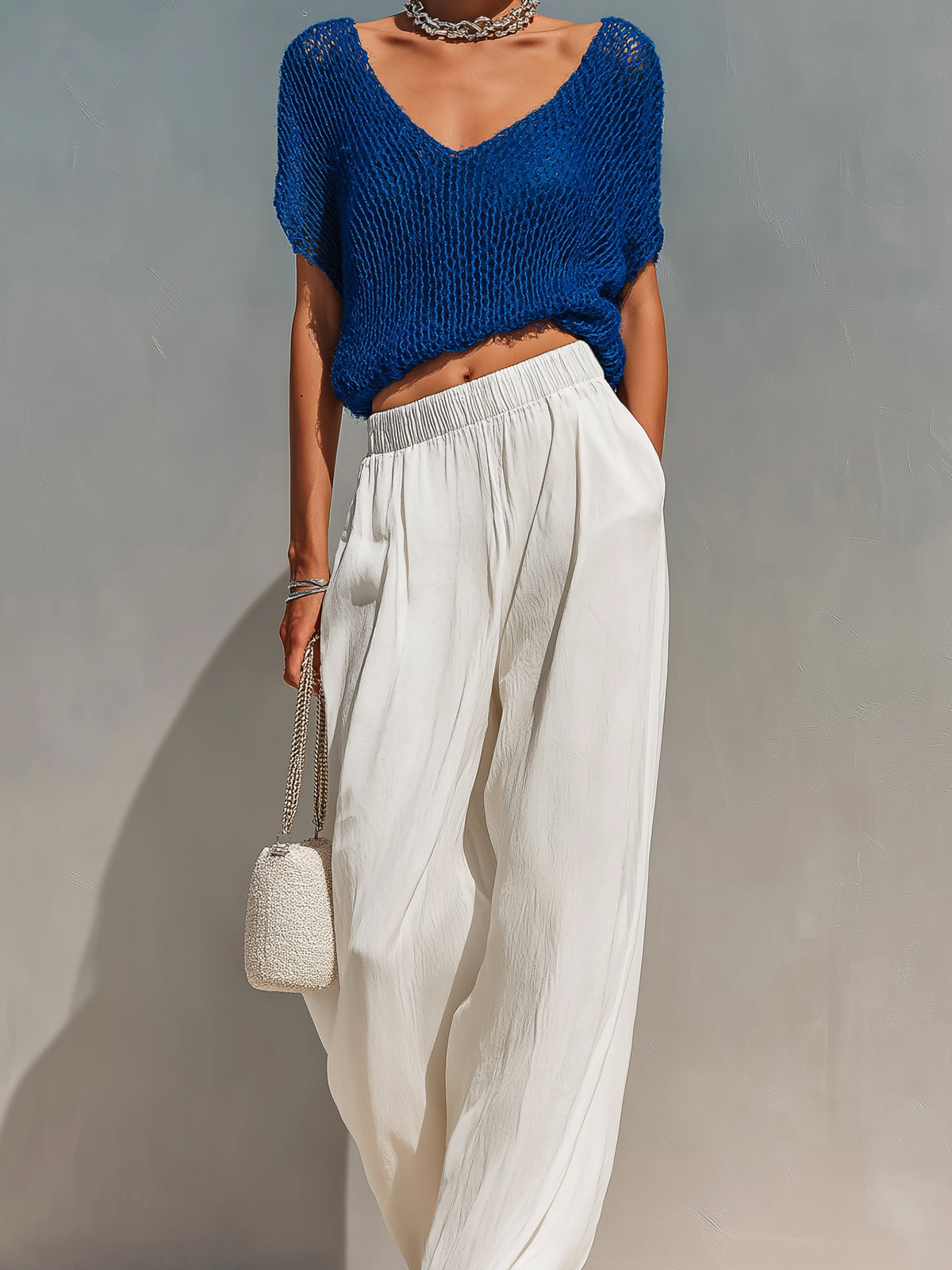 Chic Elegant Royal Blue V-Neck Short-Sleeve Hollow Knit Sweater Top White Chiffon Wide-Let Pants Two-Piece Set