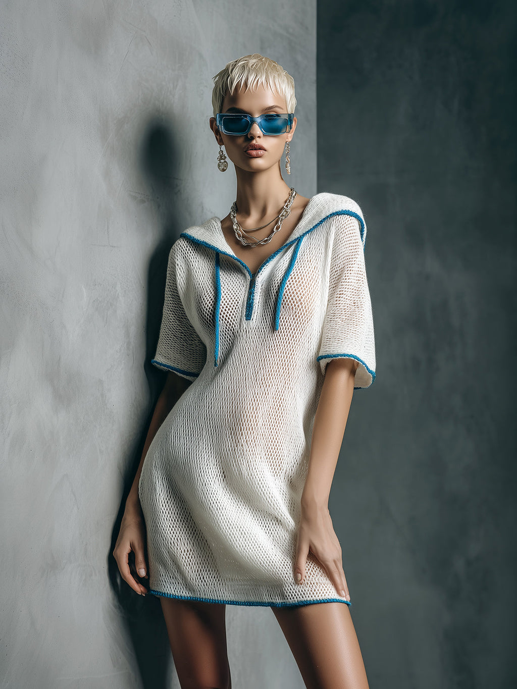 Chic Casual Cream White Hooded V-Neck Short-Sleeve Loose-Fit Contrast Trim Knit Mini Dress