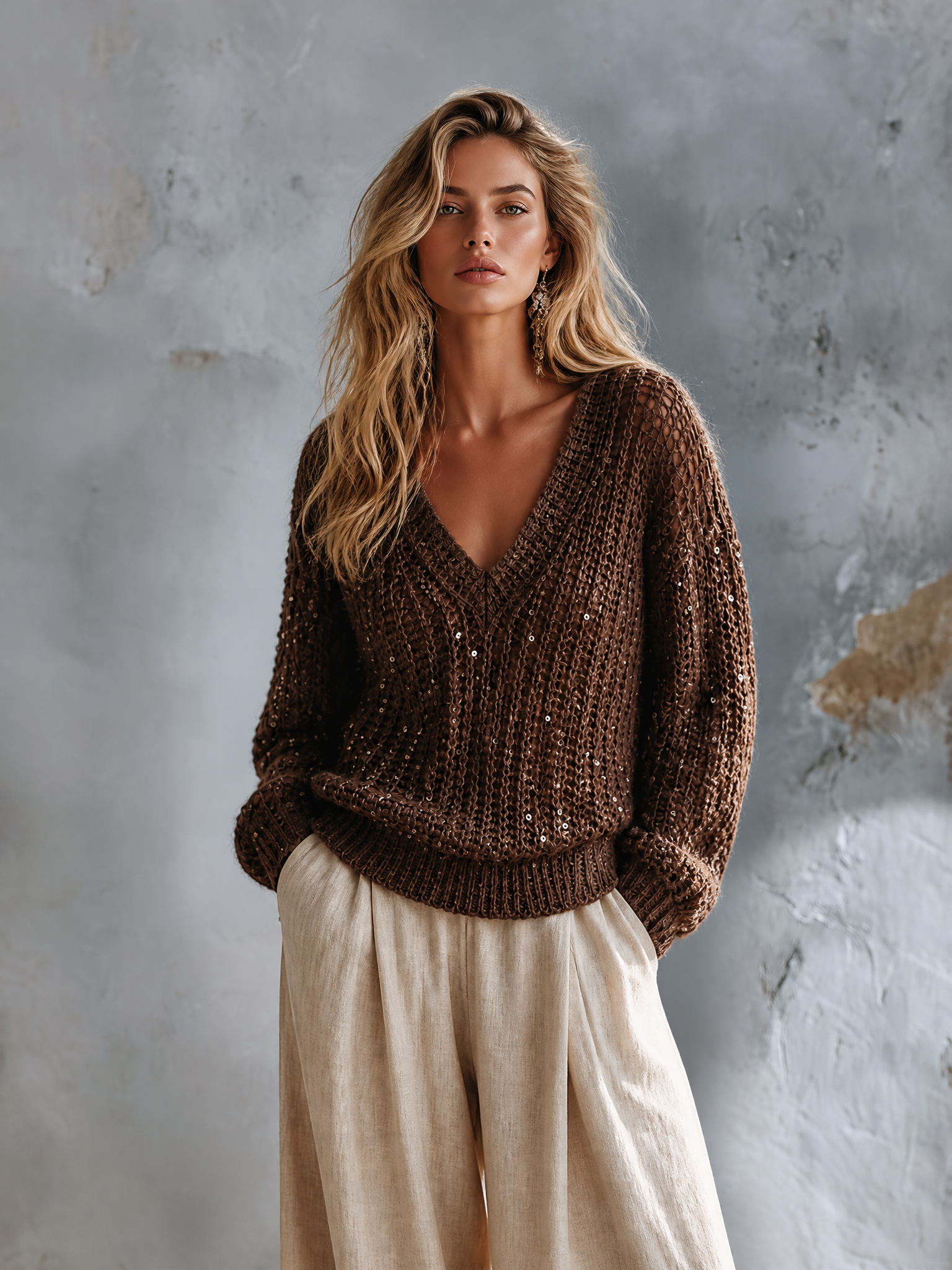 Chic Casual Brown V‑Neck Sequins Dropped-Shoulder Long-Sleeve Loose-Fit Chunky Knit Sweater