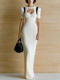 Chic Elegant Cream White Round Neck Cutout Short Sleeve Contrast Trim Slim-Fit Ribbed Knit Maxi Dress