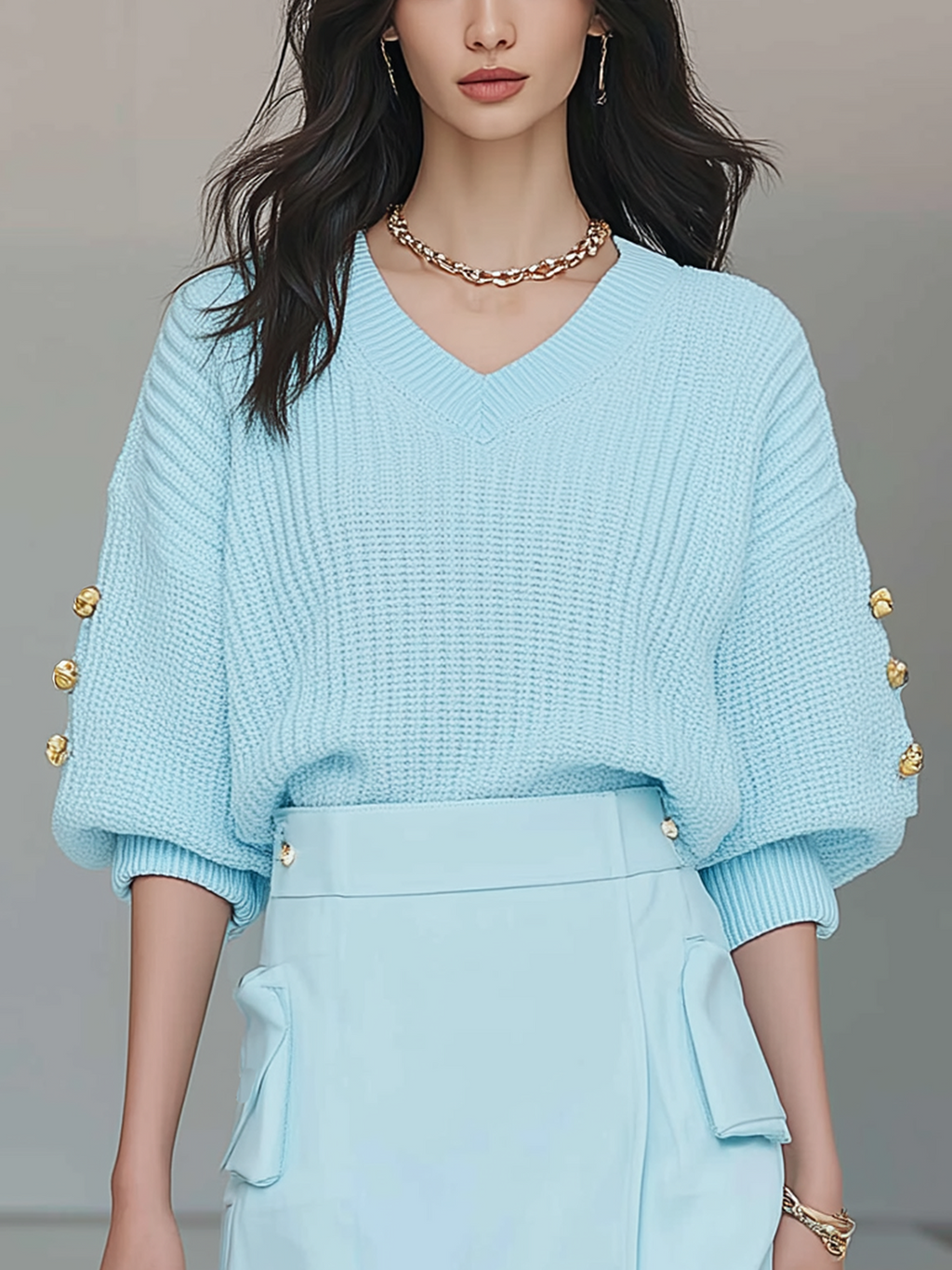 Chic Casual Blue V-Neck Short Sleeve Button Oversized Ribbed Knit Sweater
