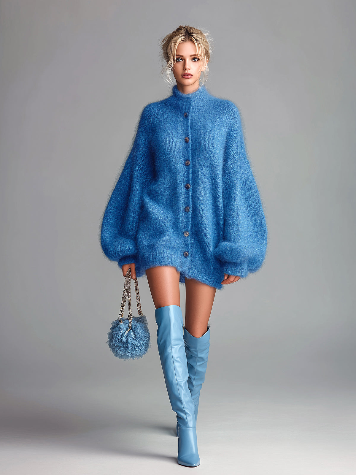 Chic Vintage Blue Mock Neck Single-Breasted Long Lantern Sleeve Oversized Fuzzy Knit Mini Dress