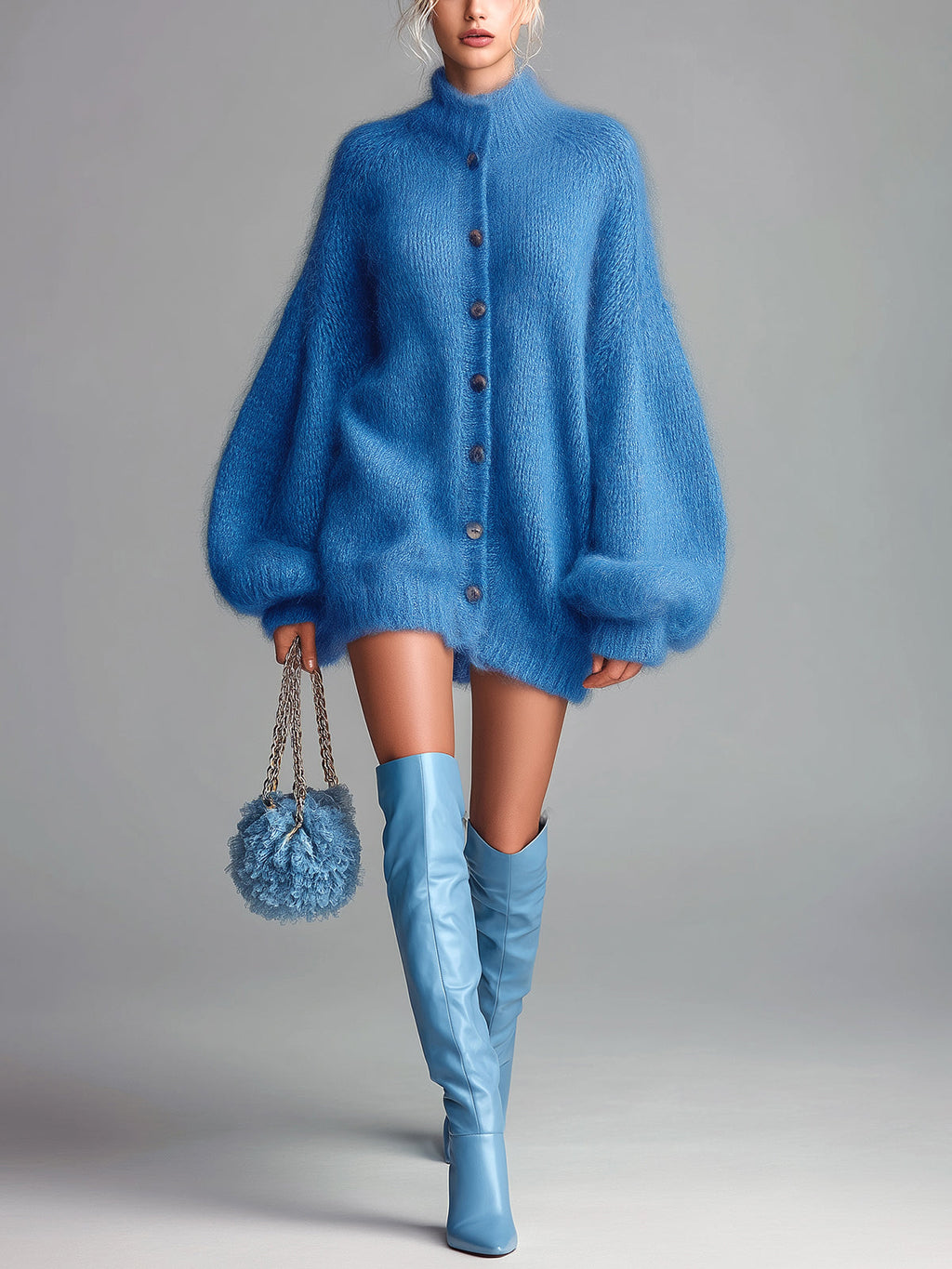 Chic Vintage Blue Mock Neck Single-Breasted Long Lantern Sleeve Oversized Fuzzy Knit Mini Dress