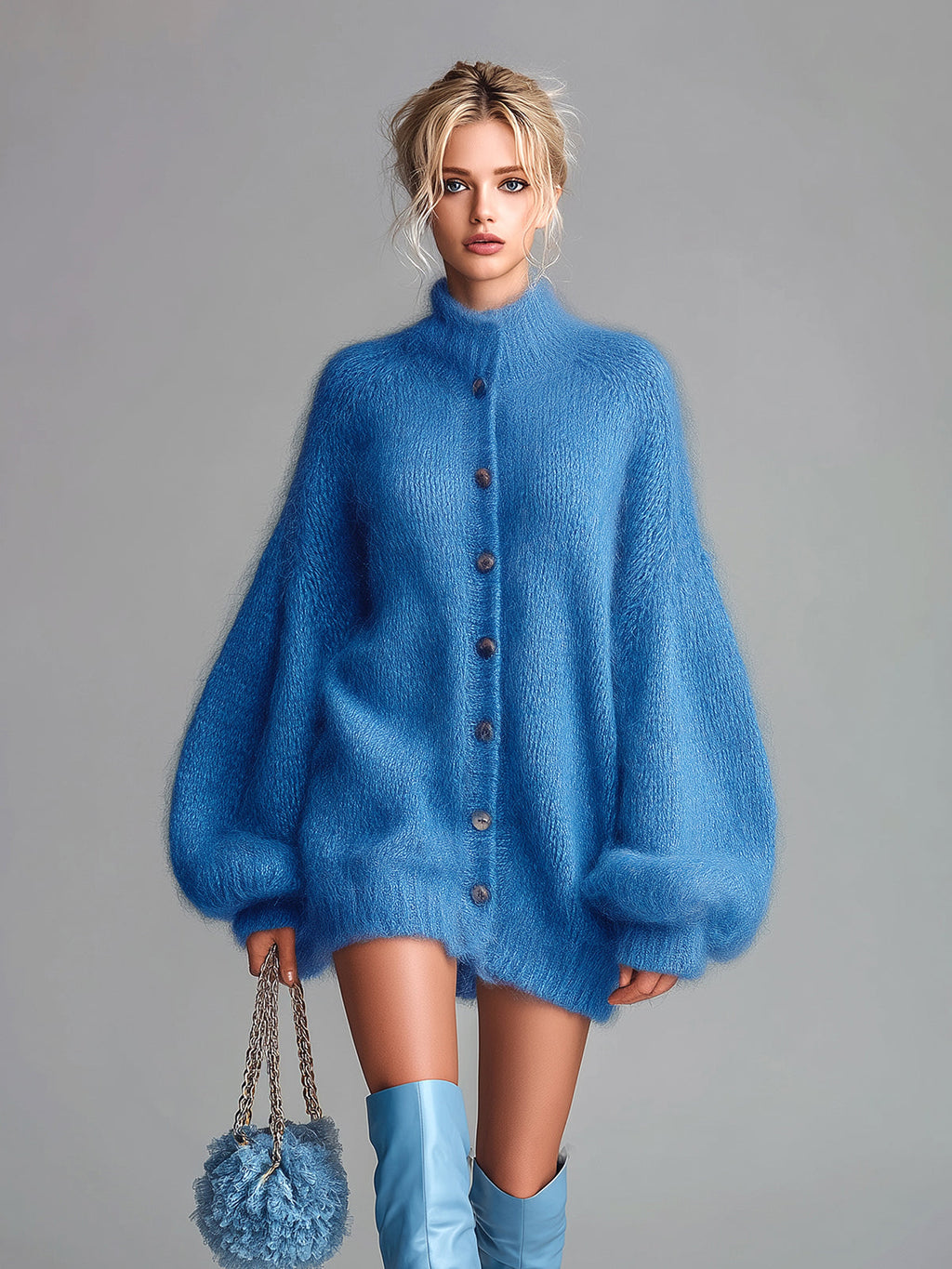 Chic Vintage Blue Mock Neck Single-Breasted Long Lantern Sleeve Oversized Fuzzy Knit Mini Dress