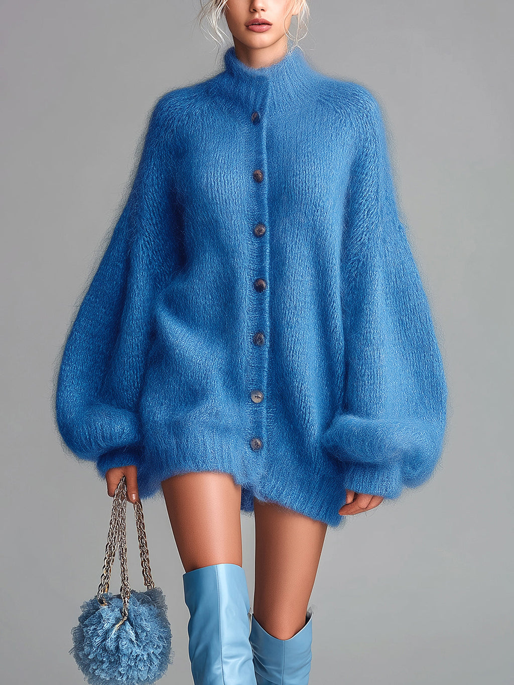 Chic Vintage Blue Mock Neck Single-Breasted Long Lantern Sleeve Oversized Fuzzy Knit Mini Dress