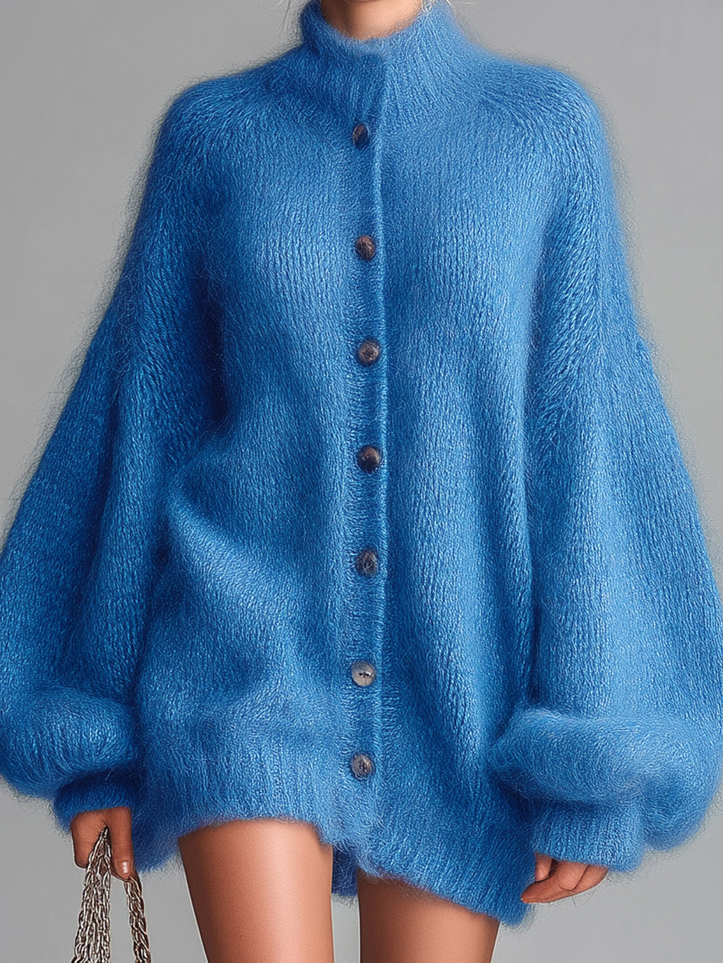 Chic Vintage Blue Mock Neck Single-Breasted Long Lantern Sleeve Oversized Fuzzy Knit Mini Dress