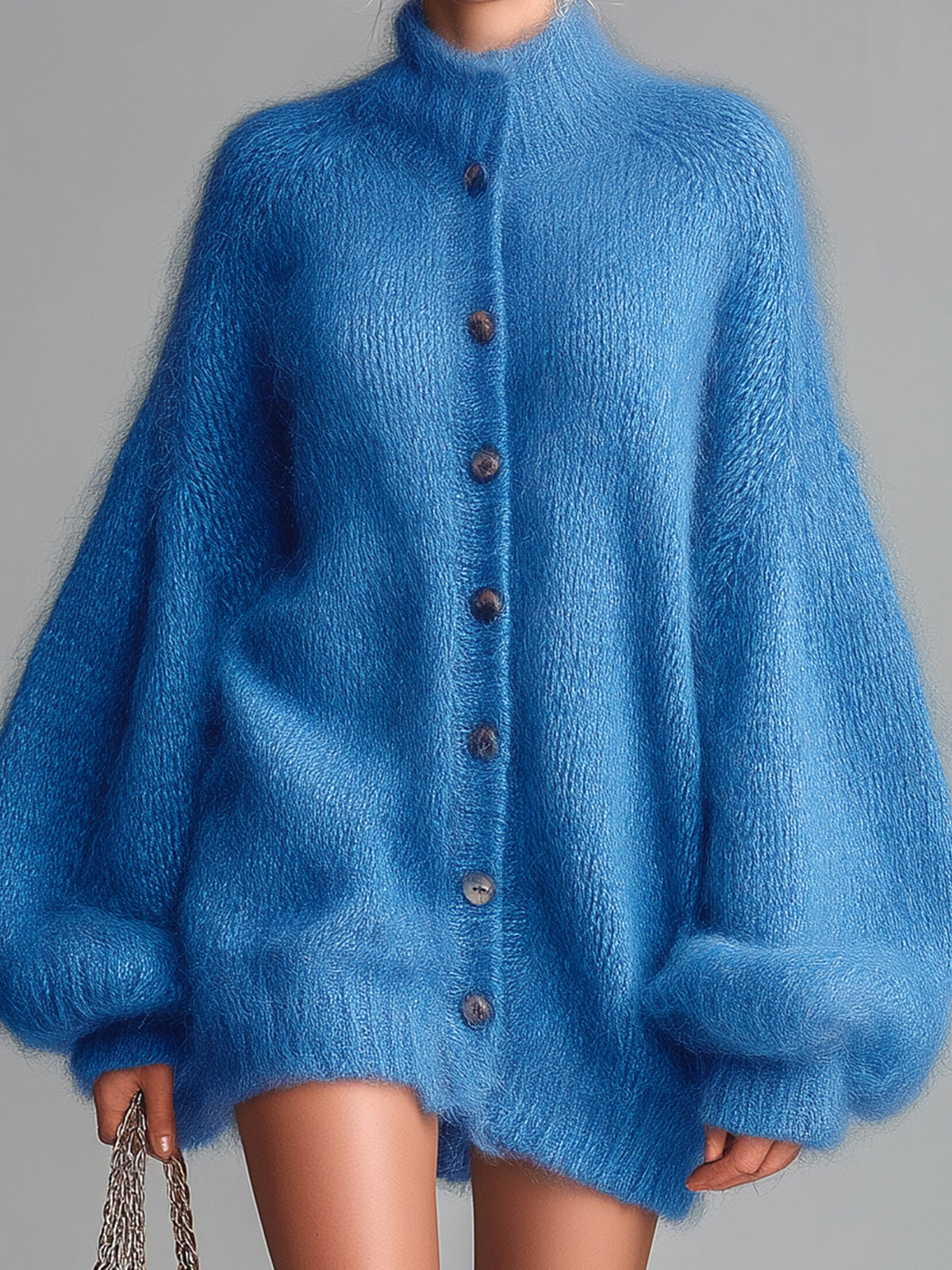 Chic Vintage Blue Mock Neck Single-Breasted Long Lantern Sleeve Oversized Fuzzy Knit Mini Dress