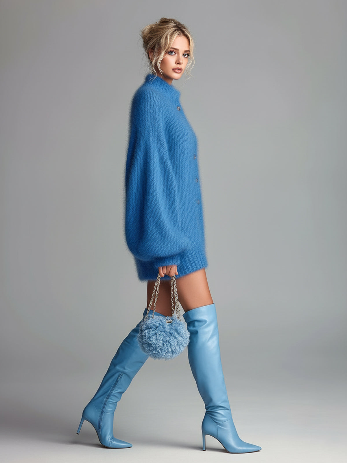 Chic Vintage Blue Mock Neck Single-Breasted Long Lantern Sleeve Oversized Fuzzy Knit Mini Dress