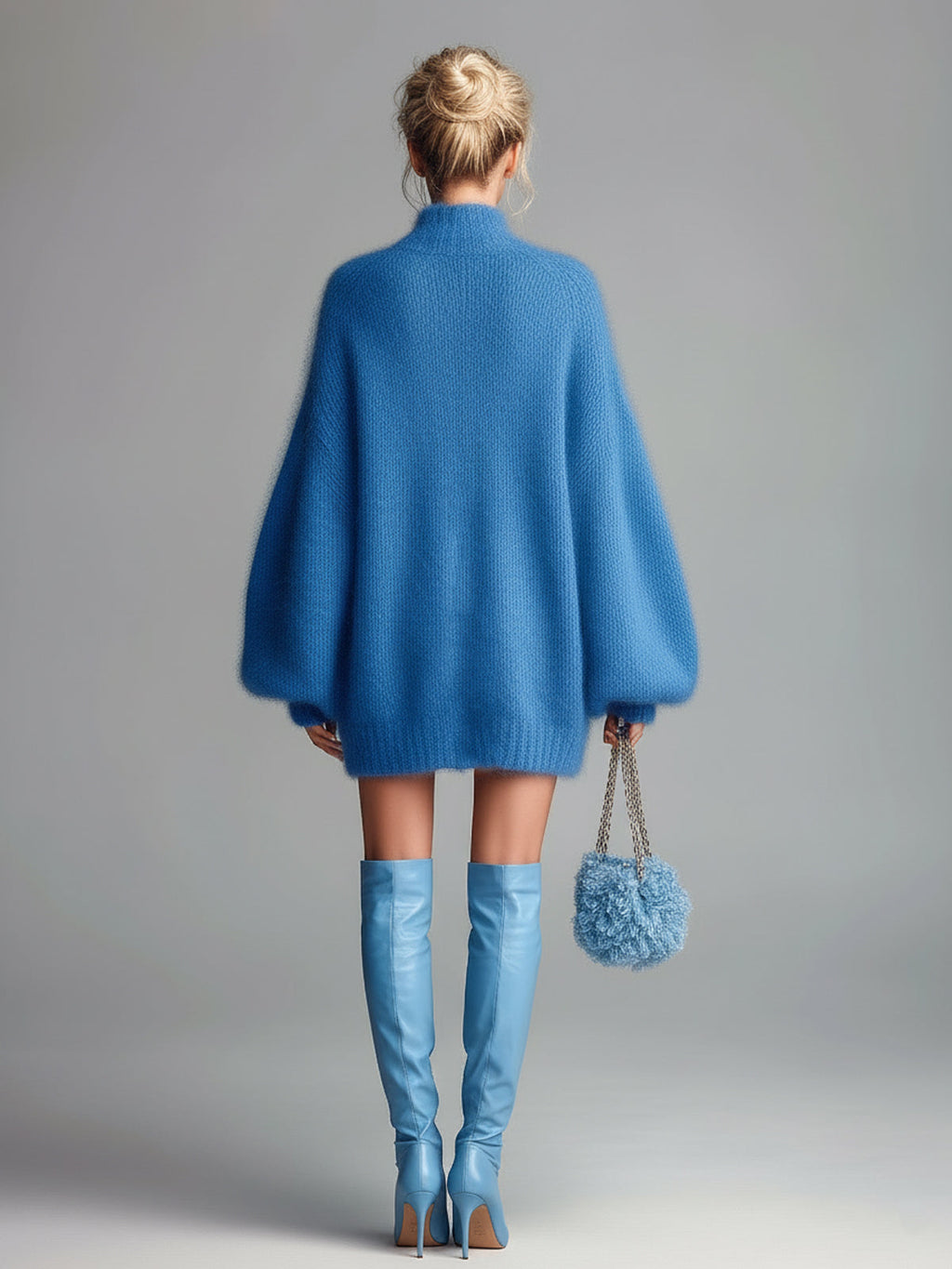 Chic Vintage Blue Mock Neck Single-Breasted Long Lantern Sleeve Oversized Fuzzy Knit Mini Dress