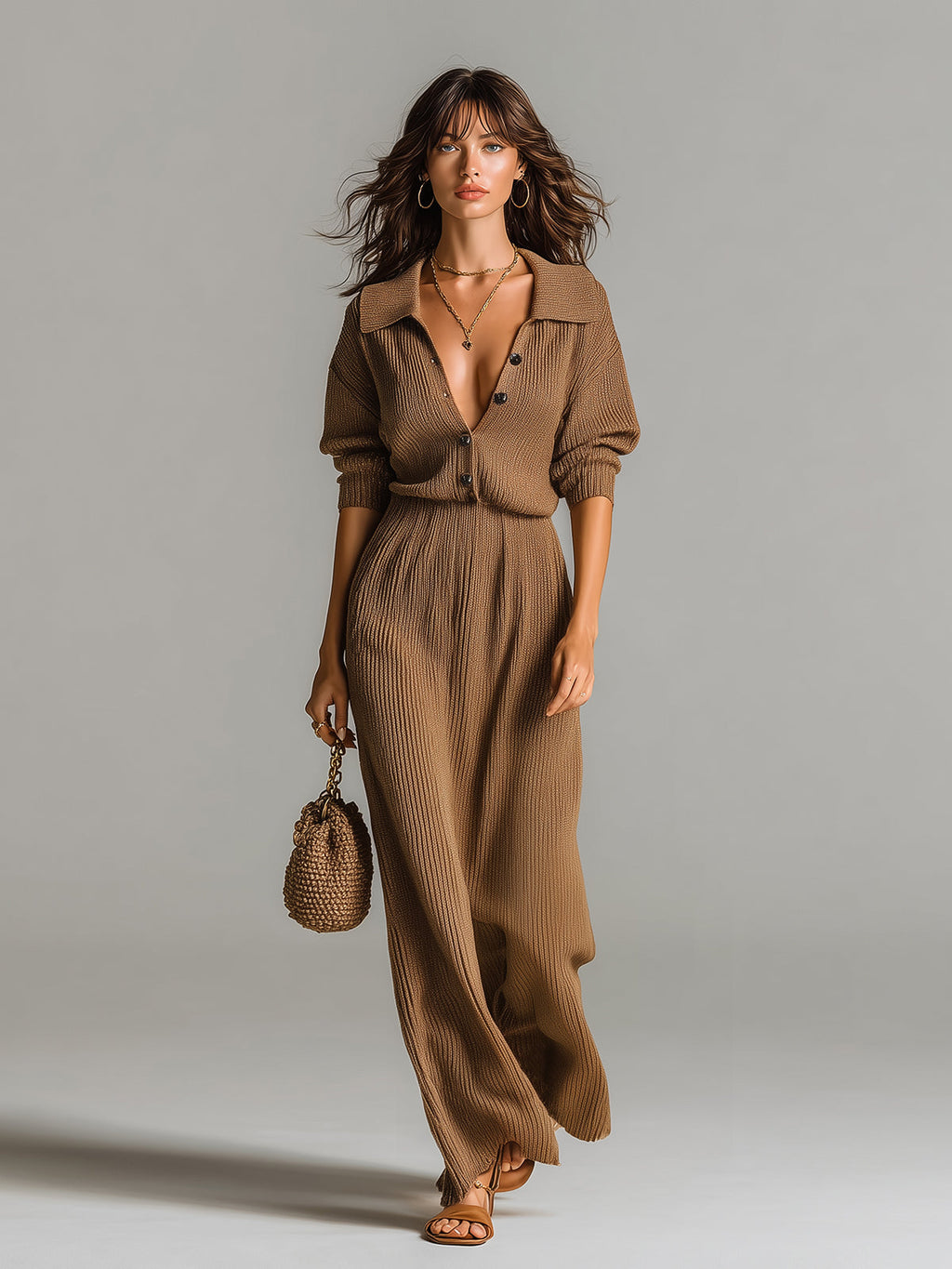 Chic Elegant Brown Button-Up Lapel Collar Half-Sleeve Elastic Waist Loose Fit Ribbed Knit Maxi Dress