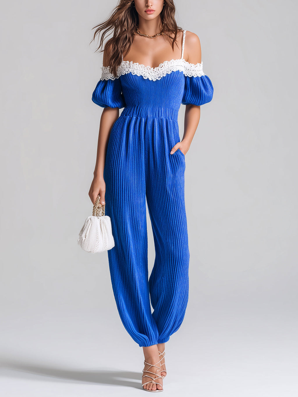Chic Elegant Royal Blue Off-The-Shoulder Short-Sleeve Lace Details Elastic Waist Loose-Fit Knit Harem Jumpsuit