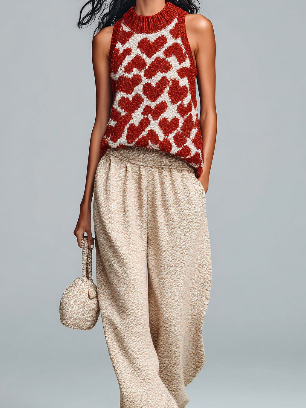 Chic Casual Red-Beige Jacquard Round Neck Sleeveless Loose-Fit Vest Wide-Leg Pants Knit Two-Piece Set