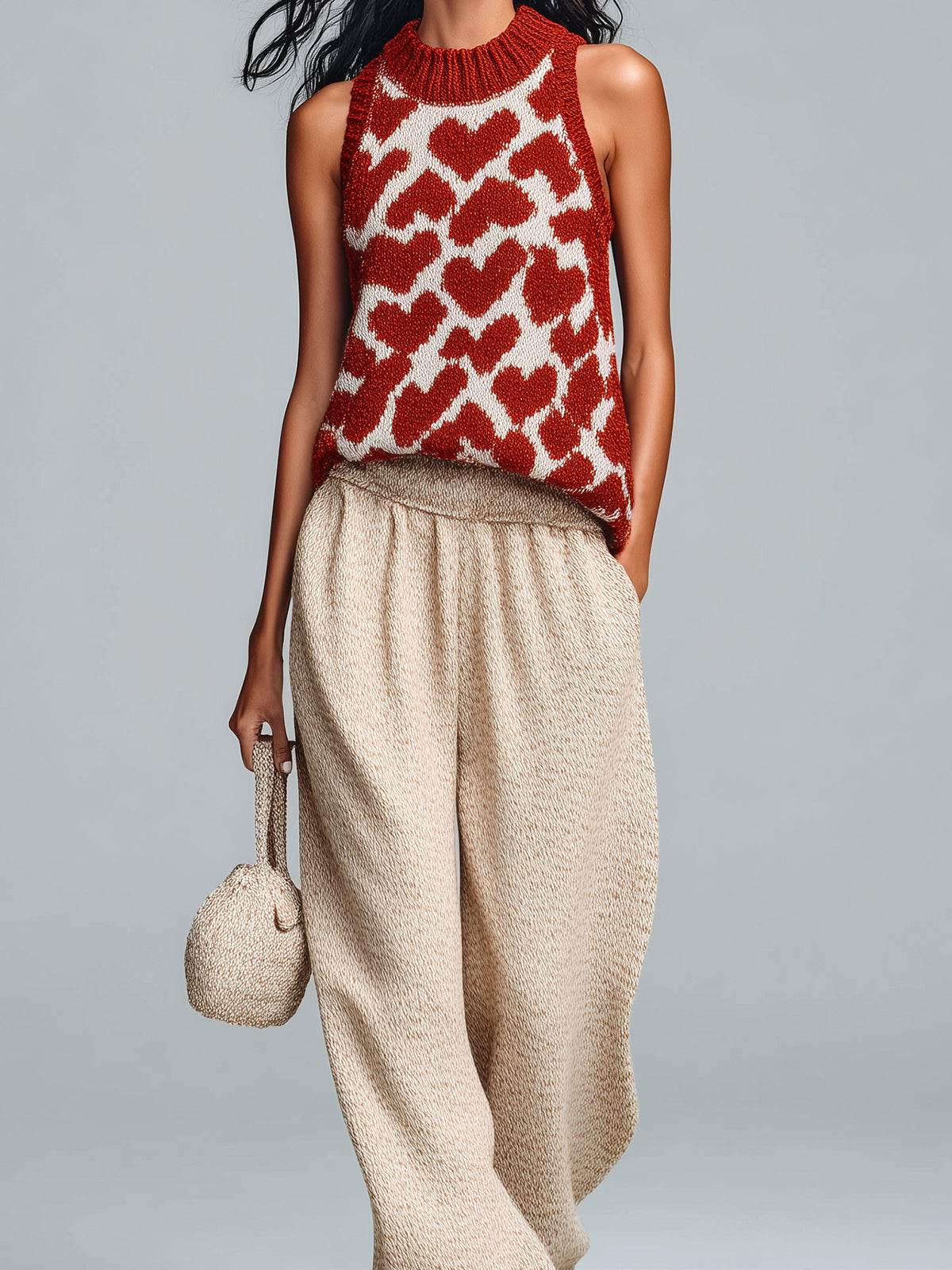Chic Casual Red-Beige Jacquard Round Neck Sleeveless Loose-Fit Vest Wide-Leg Pants Knit Two-Piece Set