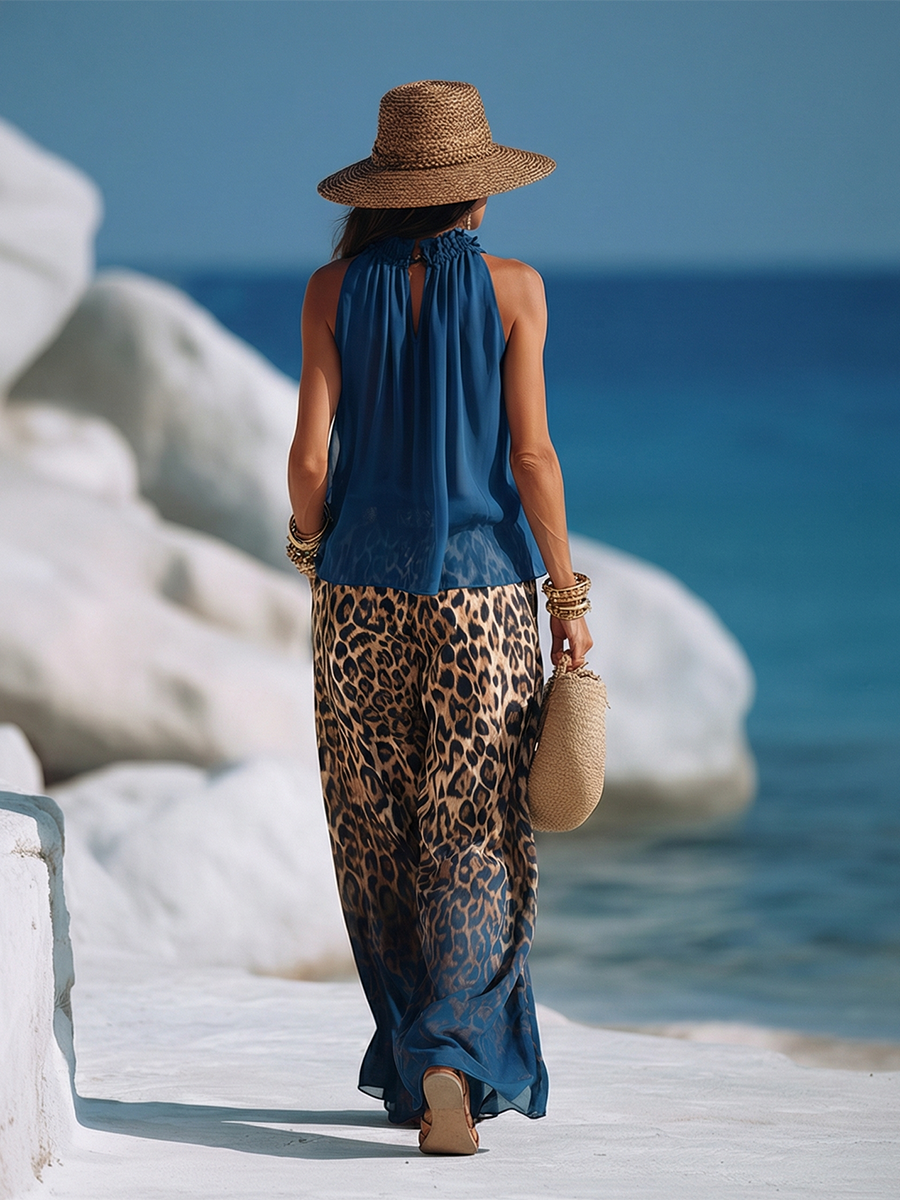 Trendy Vacation Leopard Print Gradient Chiffon Wide-leg Pants