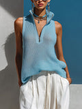 Chic Elegant Blue Zipper-Up Lapel Collar Sleeveless Loose-Fit Waffle Knit Vest Top