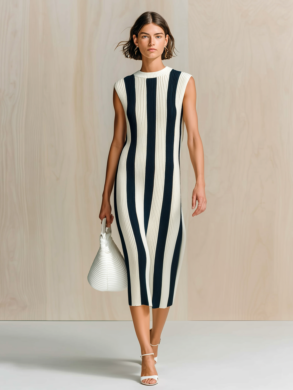 Chic Elegant White-Dark Blue Striped Sleeveless Crew-Neck Slim-Fit Ribbed Knit Midi Dress