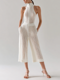 Chic Elegant White Stand Collar Sleeveless Zipper-Front Tailored Waist Wide Leg Ribbed Knit Jumpsuit