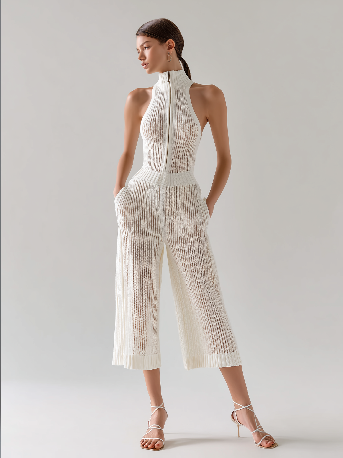 Chic Elegant White Stand Collar Sleeveless Zipper-Front Tailored Waist Wide Leg Ribbed Knit Jumpsuit