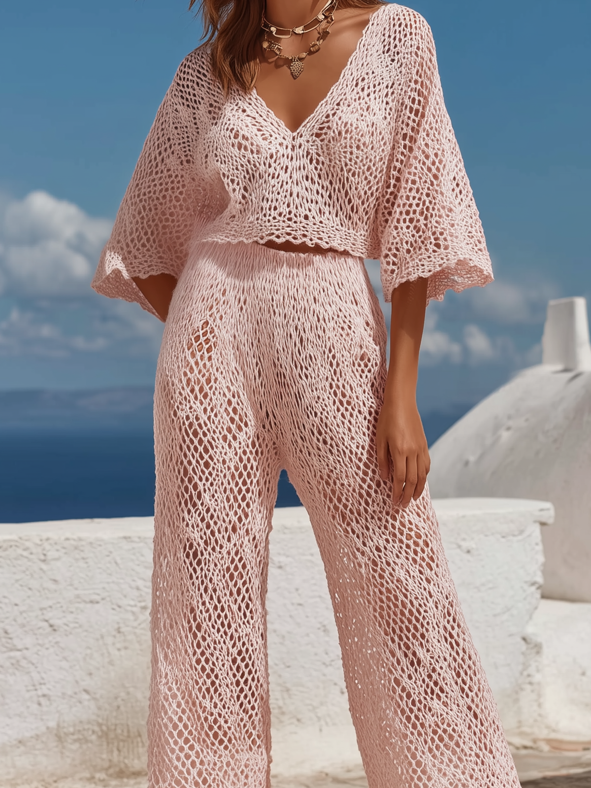 Chic Vintage Pink V-Neck Short-Sleeve Loose Knit Tops Wide-Leg Pants Knit Two-Piece Set