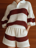 Chic Elegant White-Red Striped Lapel Collar Lantern Sleeve Loose Sweater Top Elastic Waist Shorts Knit Two-Piece Set