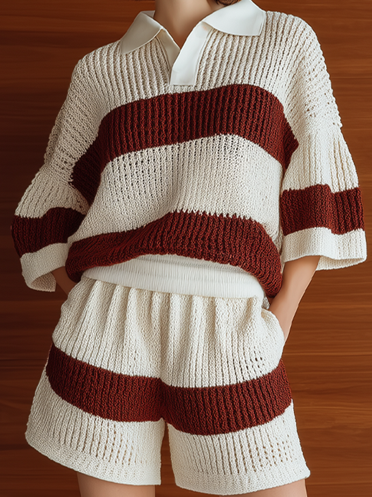 Chic Elegant White-Red Striped Lapel Collar Lantern Sleeve Loose Sweater Top Elastic Waist Shorts Knit Two-Piece Set