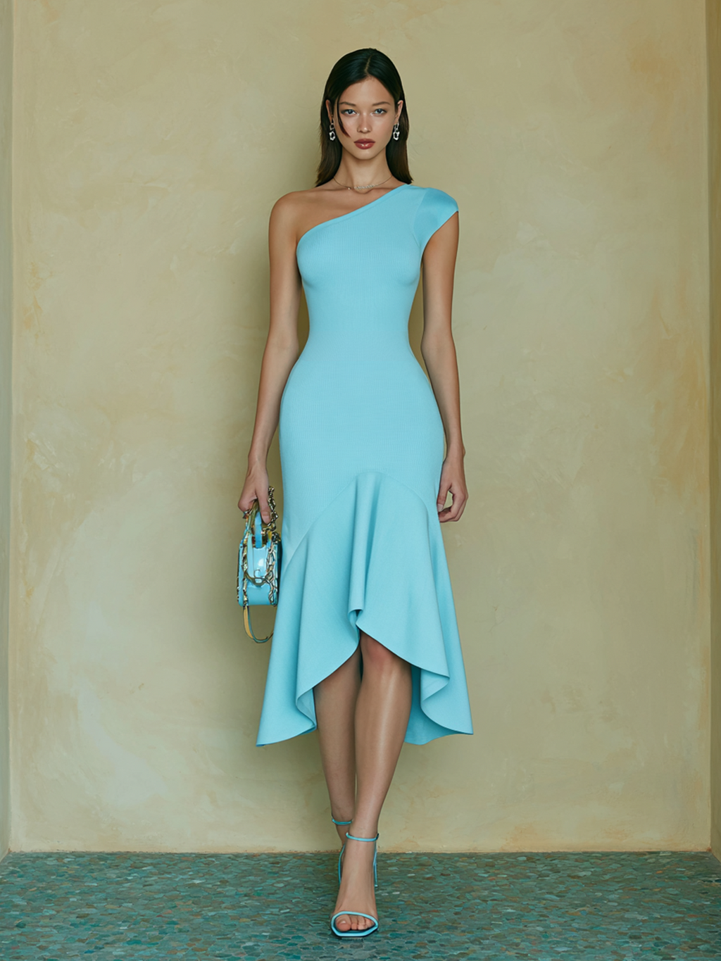 Chic Elegant Blue One-Shoulder Sleeveless Ruffle Hem Detail Slim-Fit Ribbed Knit Midi Dress