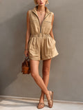 Chic Elegant Camel Cotton Linen Blend Zipper-Up Stand Collar Sleeveless Elastic-Waist Loose-Fit Romper