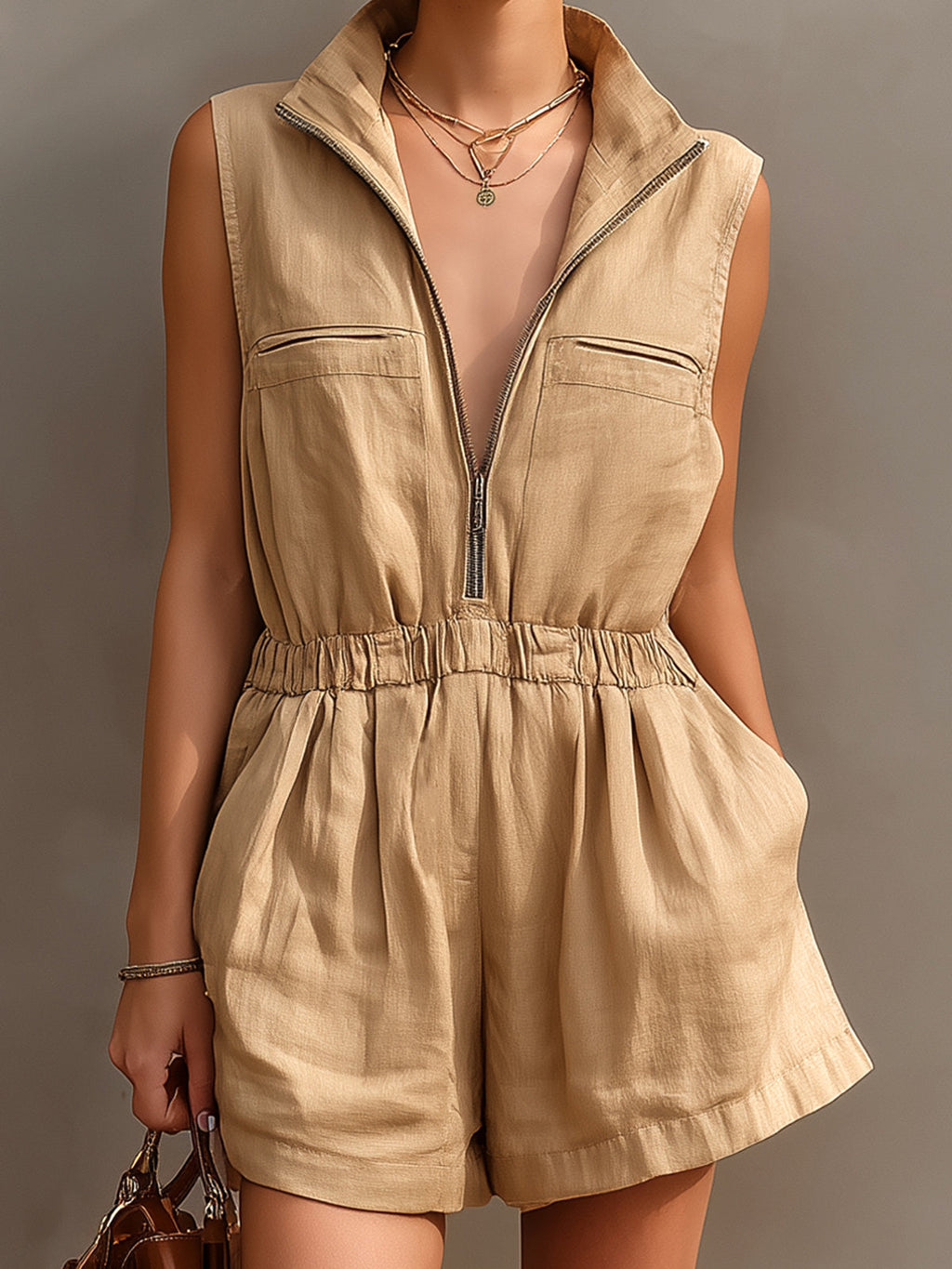 Chic Elegant Camel Cotton Linen Blend Zipper-Up Stand Collar Sleeveless Elastic-Waist Loose-Fit Romper