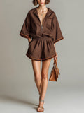 Chic Elegant Coffee Cotton Linen Blend Zipper-Up Lapel Collar Short-Sleeve Elastic-Waist Patch Pockets Loose-Fit Romper