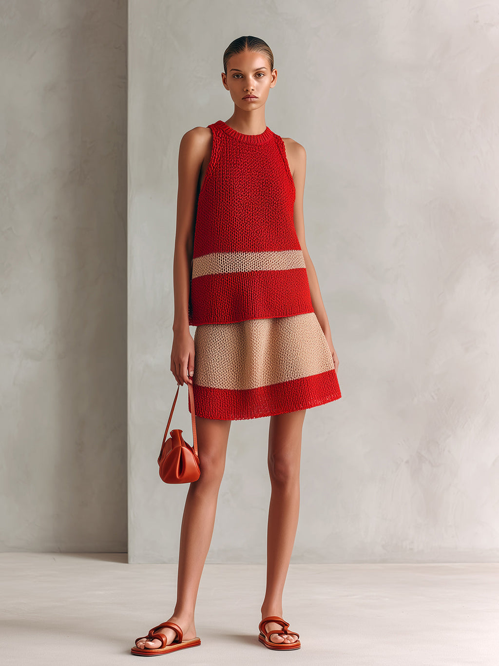 Chic Elegant Red-Came Colorblock Round Collar Sleeveless Tank Top A-Line Mini Skirt Knit Two-Piece Set