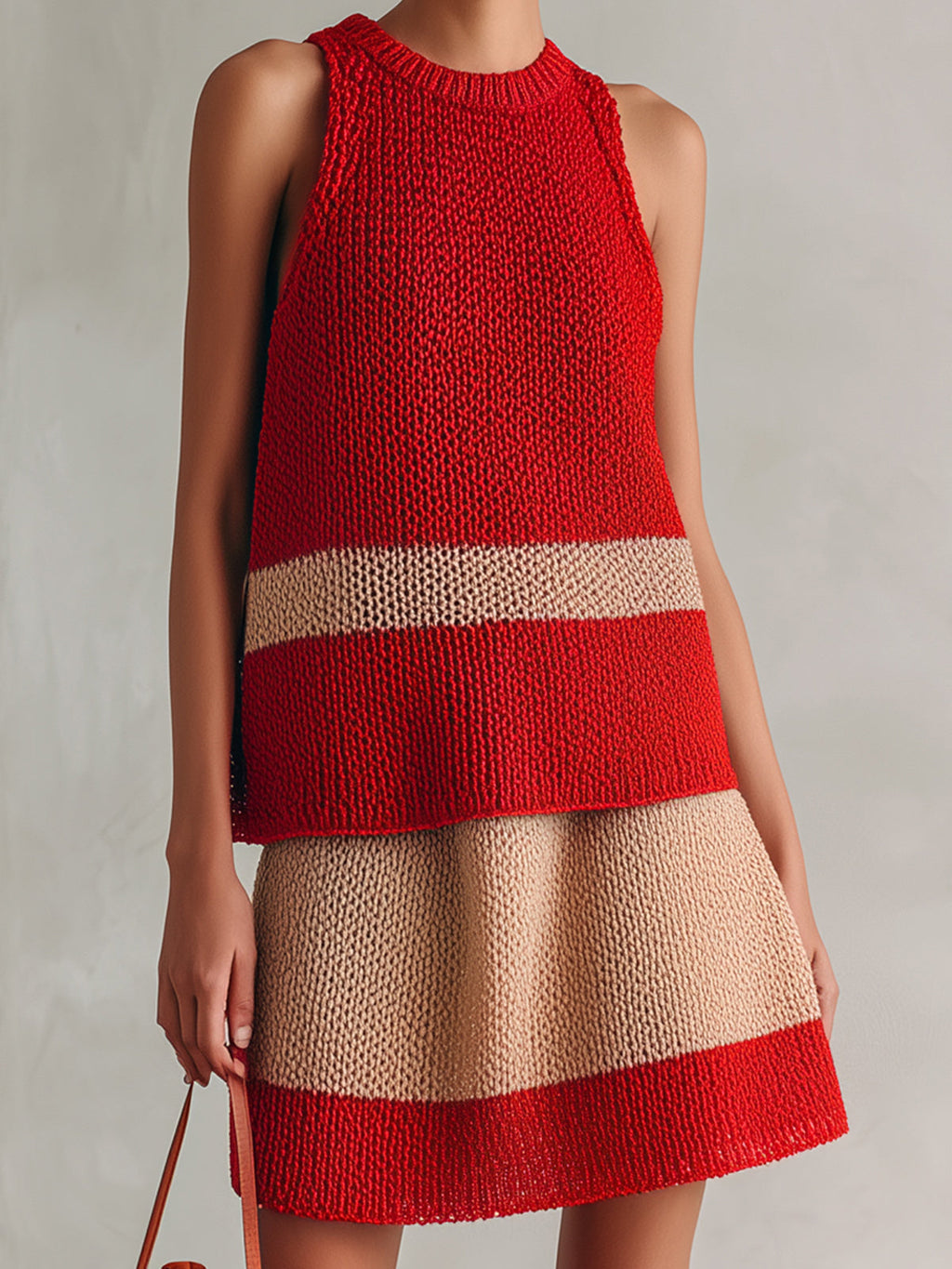 Chic Elegant Red-Came Colorblock Round Collar Sleeveless Tank Top A-Line Mini Skirt Knit Two-Piece Set