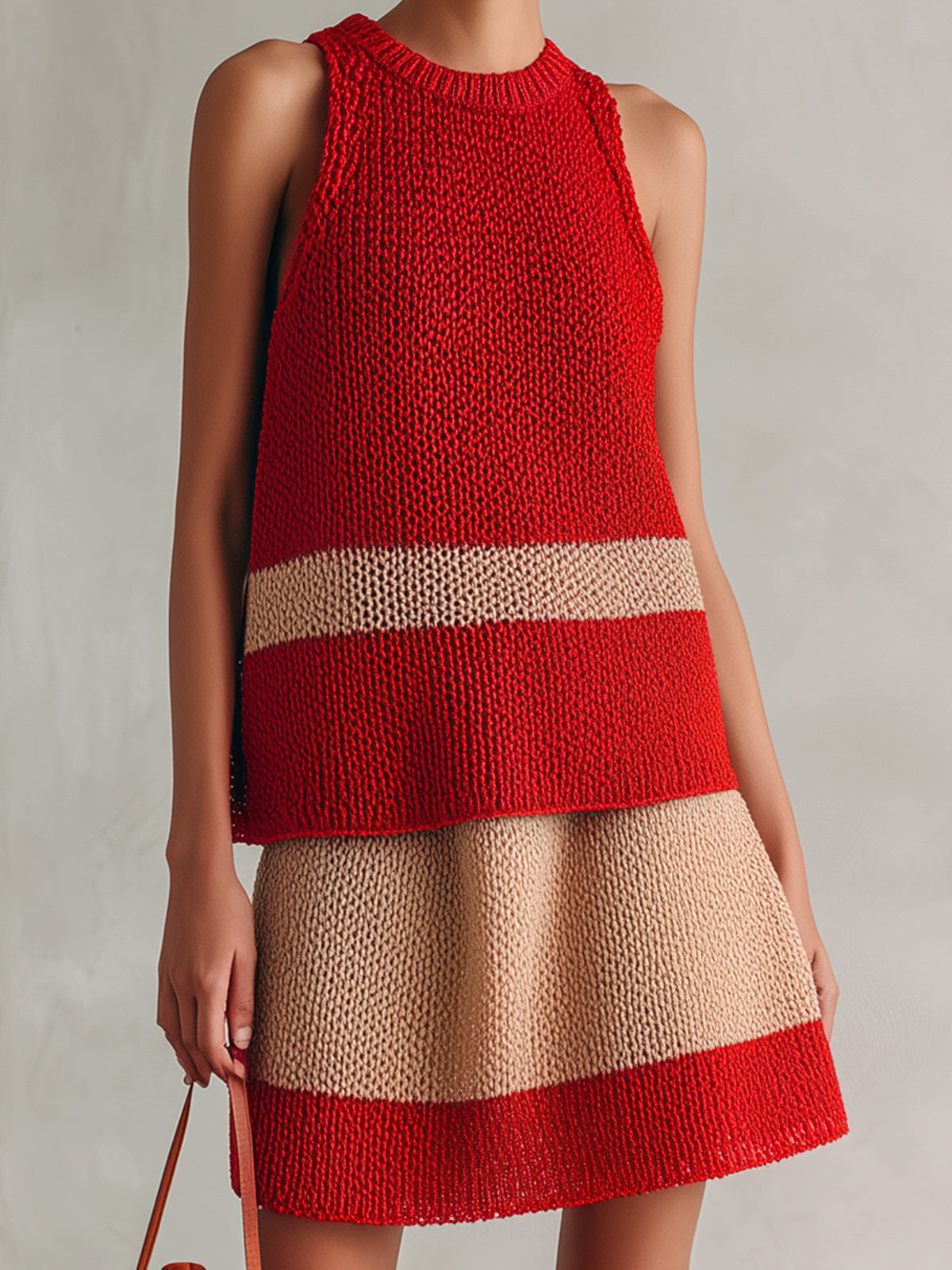 Chic Elegant Red-Came Colorblock Round Collar Sleeveless Tank Top A-Line Mini Skirt Knit Two-Piece Set