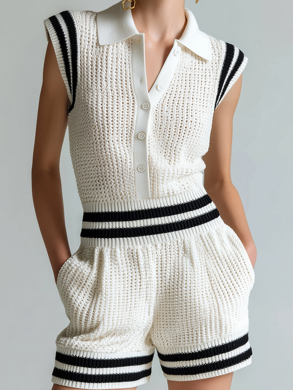 Chic Elegant White-Black Colorblock Button-Up Lapel Collar Sleeveless Elastic-Waist Loose-Fit Mesh Knit Romper