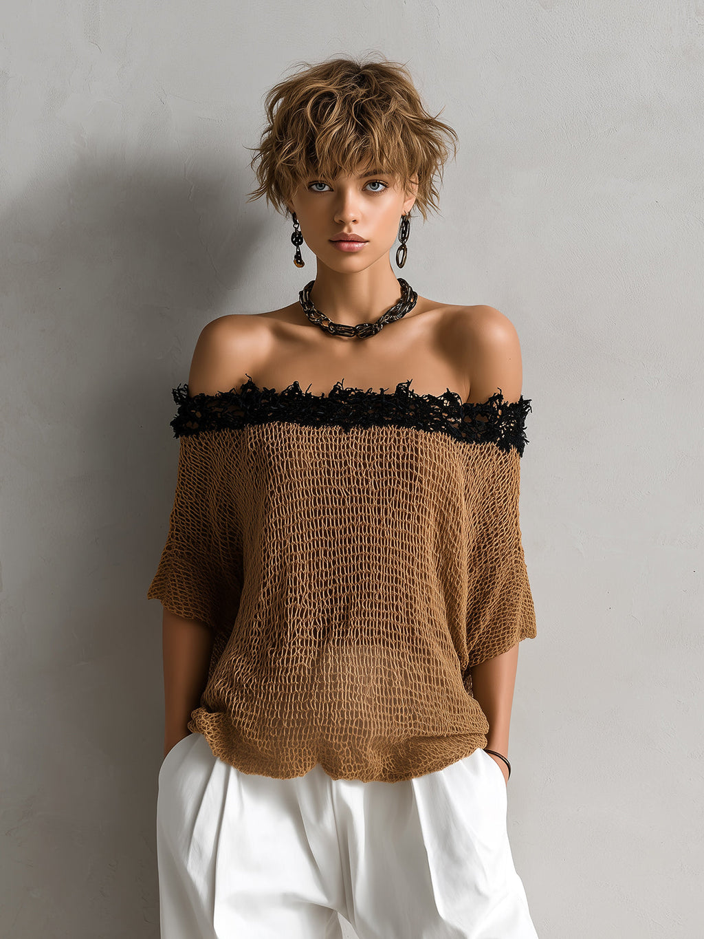 Chic Elegant Brown Off-The-Shoulder Short-Sleeve Loose-Fit Lace Trim Detail Mesh Knit Sweater