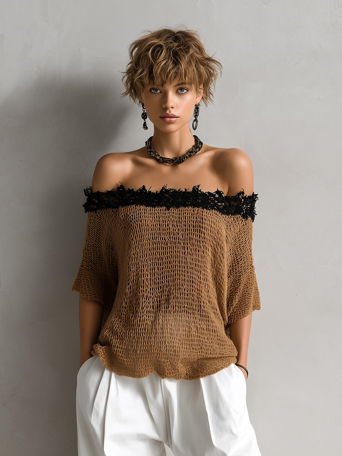 Chic Elegant Brown Off-The-Shoulder Short-Sleeve Loose-Fit Lace Trim Detail Mesh Knit Sweater