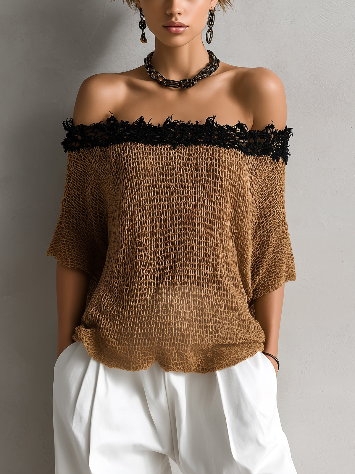 Chic Elegant Brown Off-The-Shoulder Short-Sleeve Loose-Fit Lace Trim Detail Mesh Knit Sweater