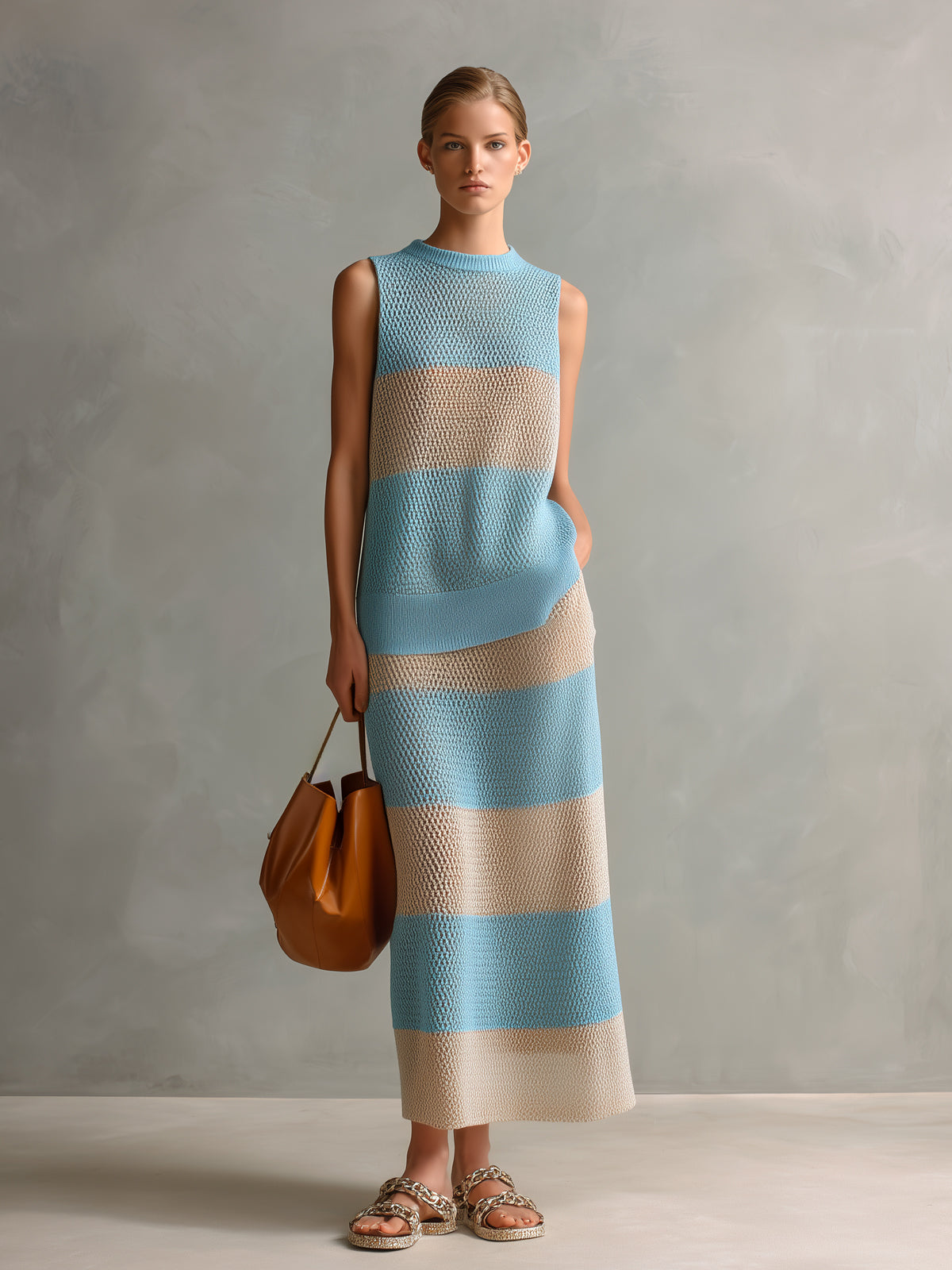Chic Elegant Blue-Beige Colorblock Round-Neck Loose-Fit Vest Maxi Skirt Mesh Knit Two-Piece Set
